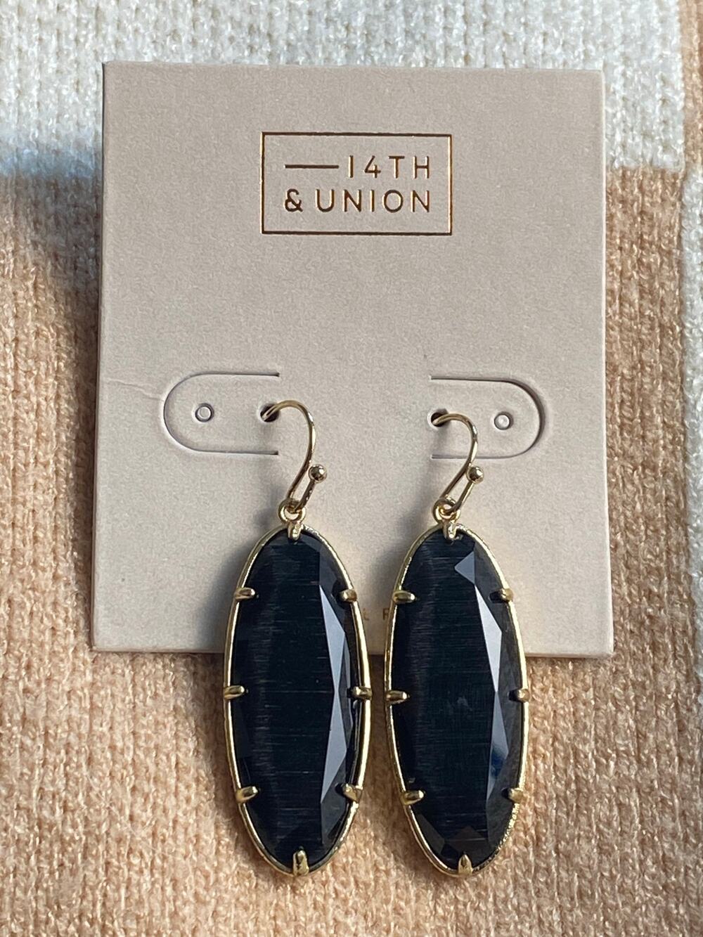 14th and Union Black Gem Gold-Toned Drop French Hoop Closure Earrings NWT